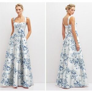 ALFRED SUNG Floral Lace-Up Back Satin Pockets Cottage Rose Larkspur Maxi Dress